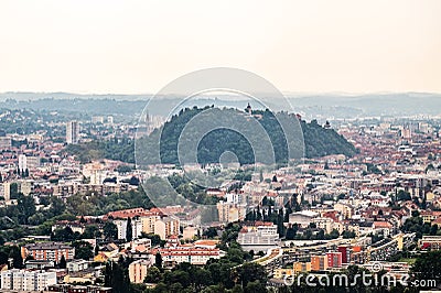 City Graz center aerial view with SchloÃŸberg, Uhrturm, Clocktower Liesl Stock Photo